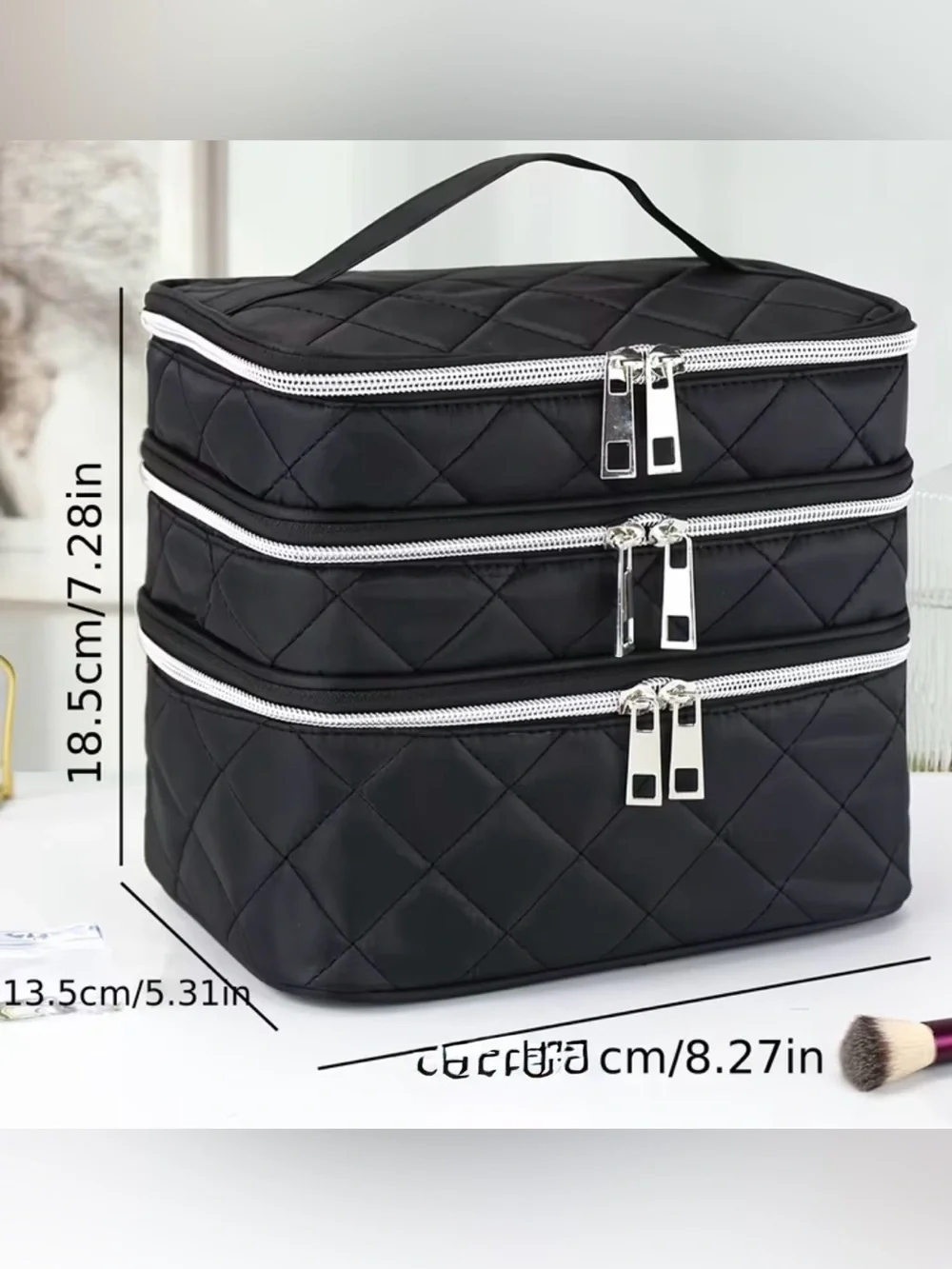 Black Quilted Triple-Compartment Travel large cosmetic Case
